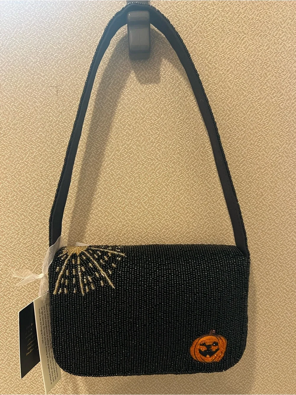 Beaded Halloween Dog Motif Shoulder Bag - Black